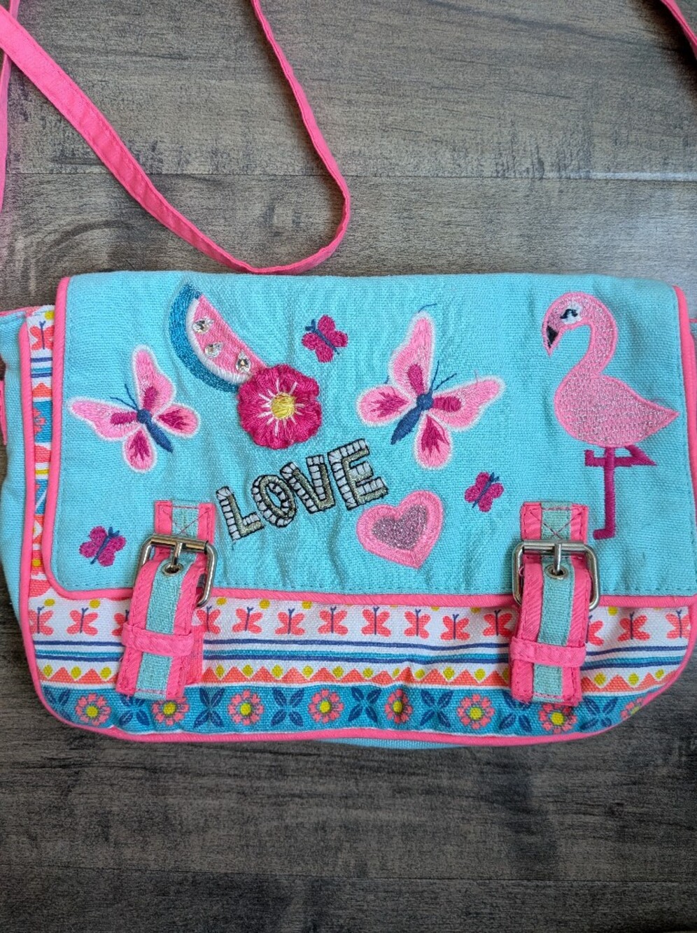 Angels by Accessorize Kids Flamingo Butterfly Embroidered Crossbody Purse - Picture 3 of 8